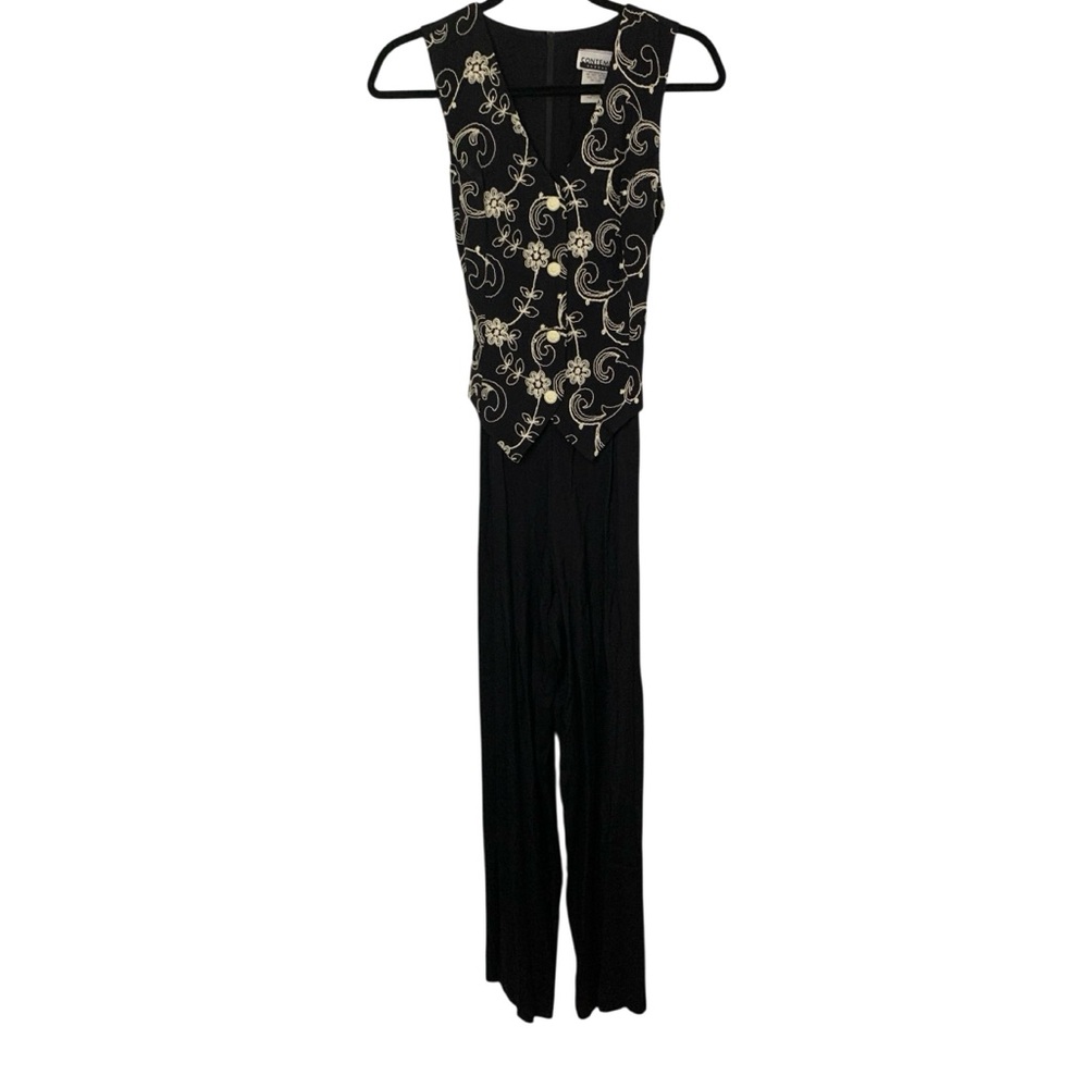 Vintage 90s Y2K Contempo Casuals Embroidered Black Cream Vest Jumpsuit Friends
